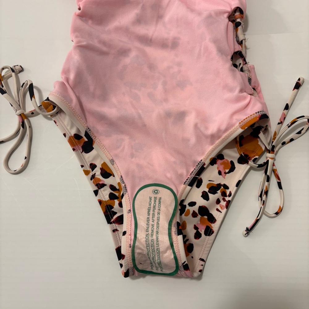 Hula Honey Women's One Piece Swimsuit Pink Animal Print Lace Up Side Deep V Smal - Picture 6 of 9